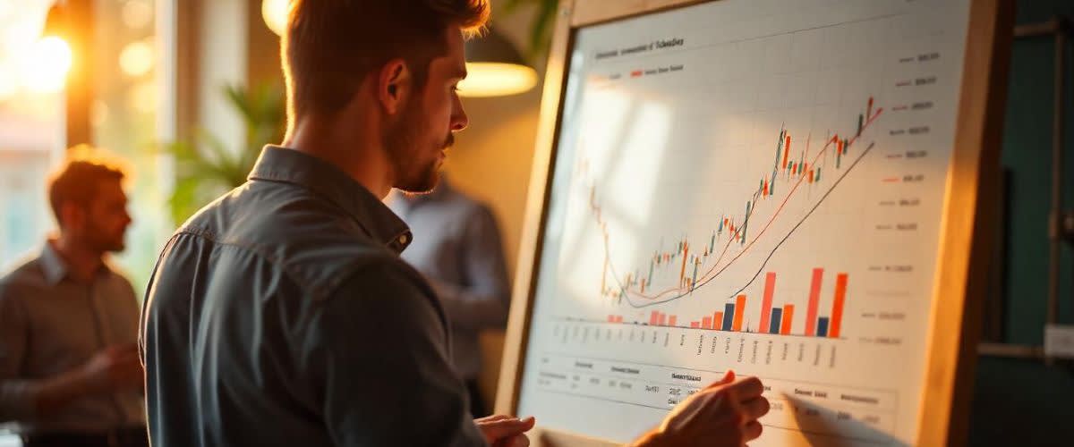 En tavleoversikt over investor Bs handelsstrategier på et travelt kontor.