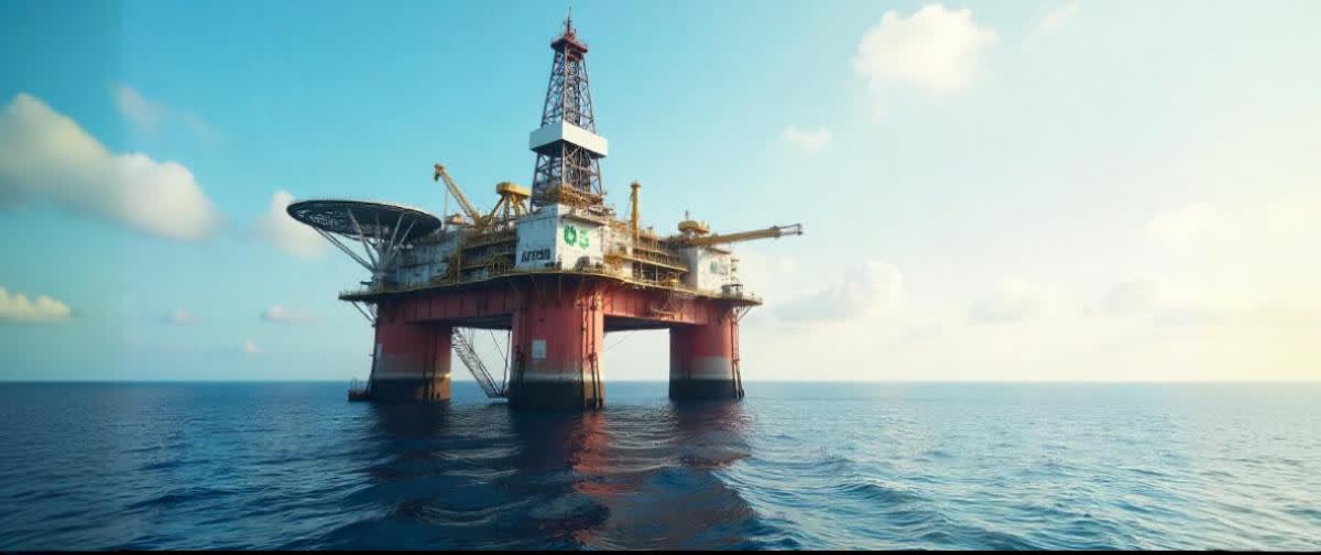 Norwegian oil rig with Aker BP & Equinor logos, bright midday sun, blue sea, summer scene.