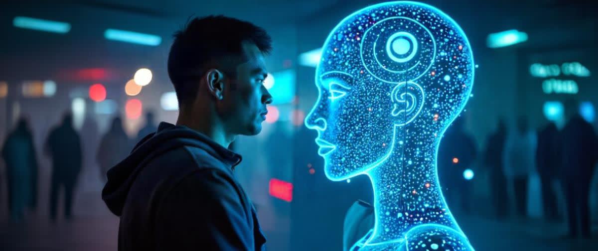 Man examines digital head image, reflecting Meta's AI superintelligence investment.