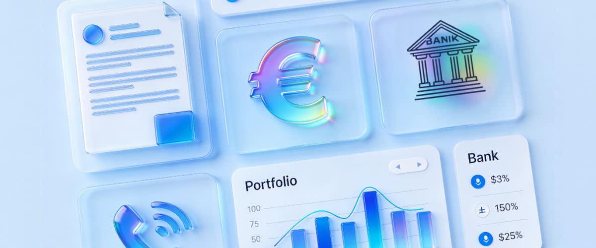 Graphiques de portefeuille, icônes en euros, créances bancaires et télécoms visualisées