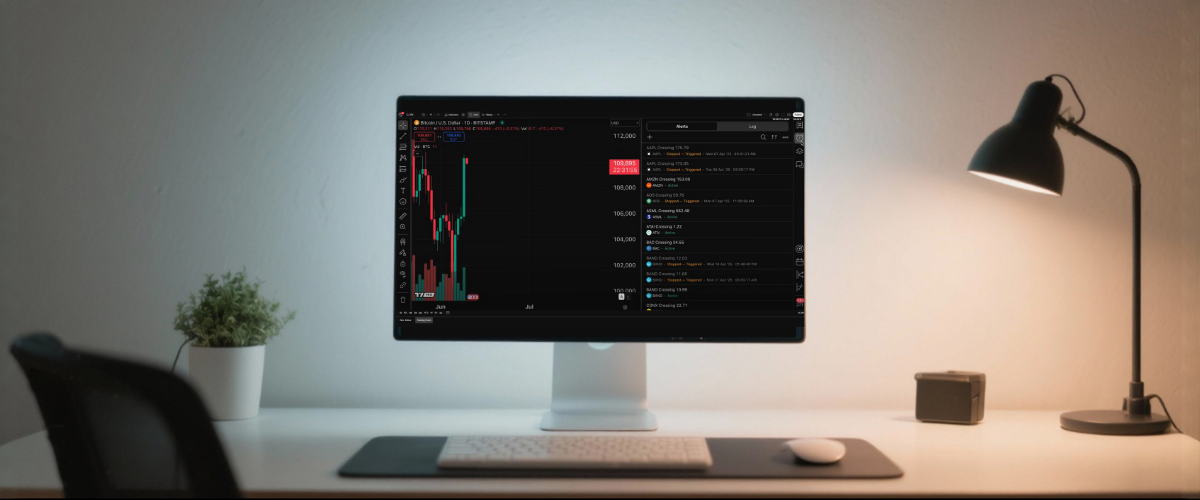 Minimalistisk arbetsplats, mjuk belysning, öppen TradingView arbetsyta.