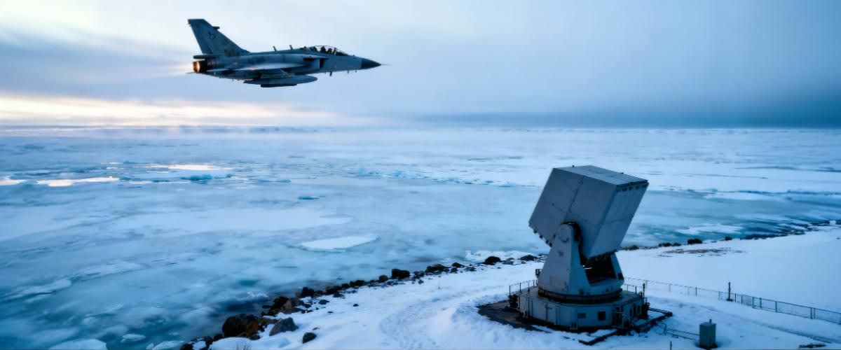 Gripen jet over polar ice, Kongsberg naval system on snowy shore, Arctic command overlay