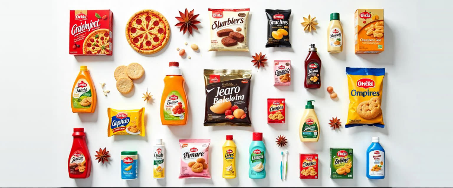 Orkla product collage: Nordic foods, snacks, health supplements, home care, plant-based items.