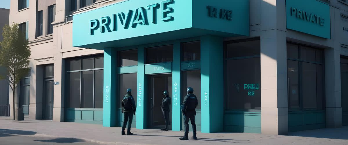 Privatização: Um edifício privado com seguranças, retratando a privatização.