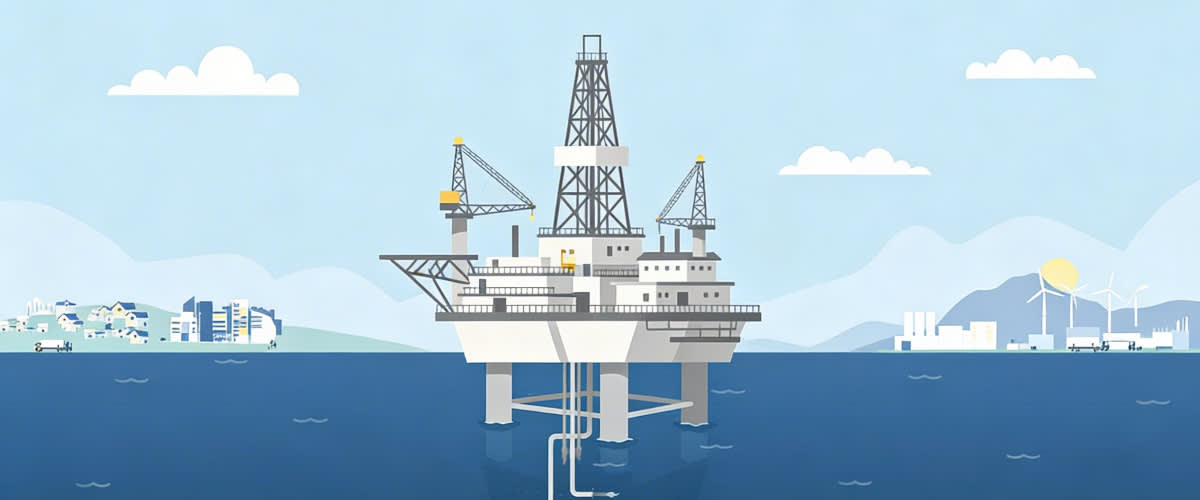 Offshore oljerigg med flytende digitale markedsdata, som kombinerer energi fra den virkelige verden og finanshandel.