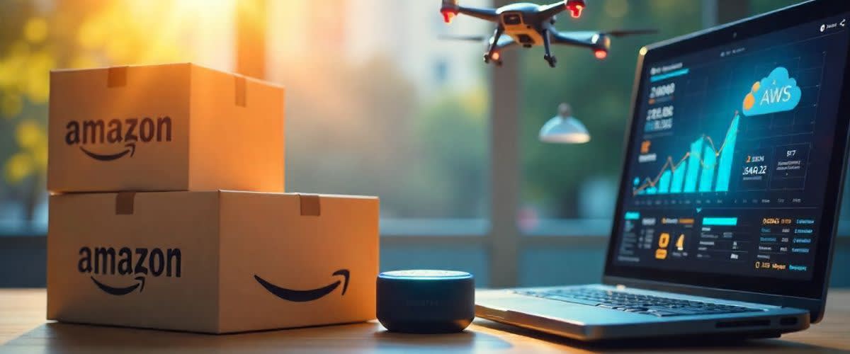 Daytime Amazon montage: Prime, Alexa, AWS, delivery drones, futuristic city
