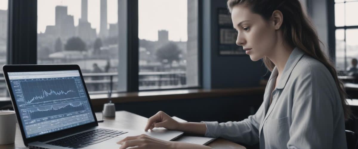 Institutional trading: Focused trader analyzing market charts on a laptop.