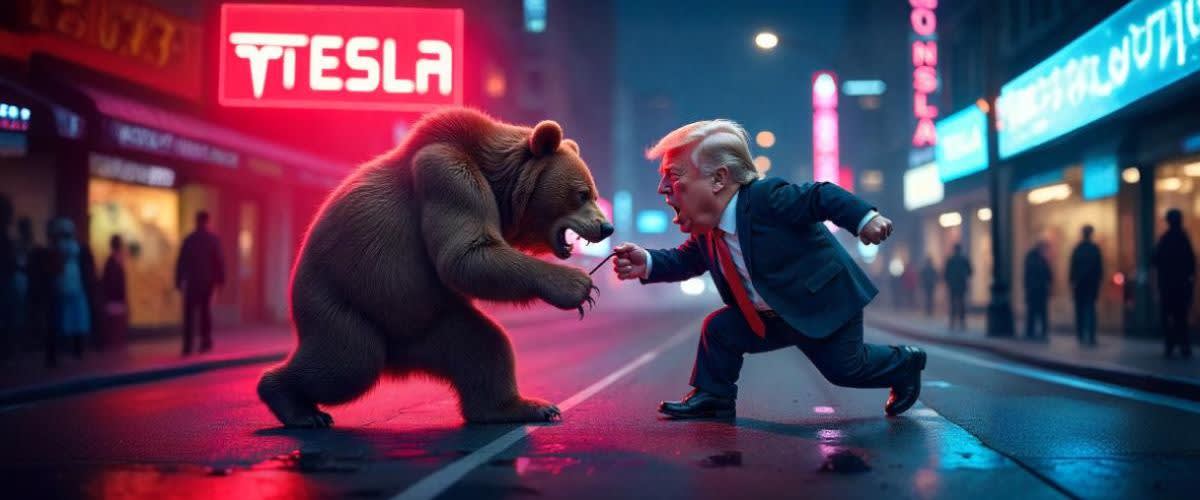 A bear shorts Tesla as Trump and Musk clash in a tug-of-war in the background.