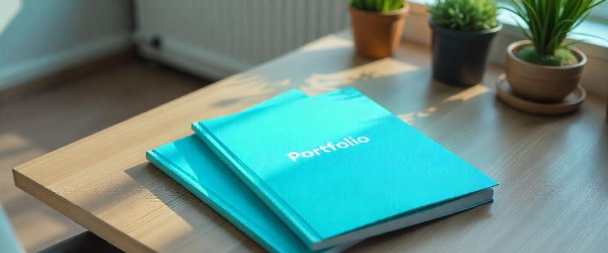 Portfolio explained: Two portfolio books on a desk beside small green plants.