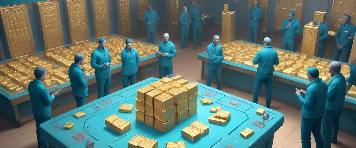 Perdagangan emas untuk pemula: Orang yang mengelilingi meja dengan jongkong emas.