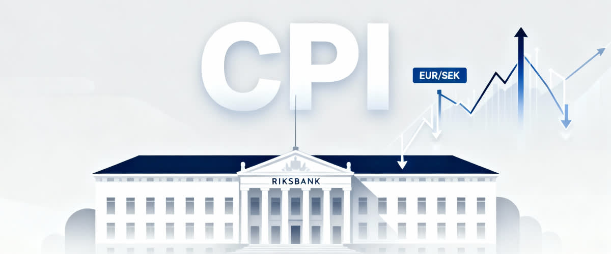 Silhouette of Riksbank building with large CPI indicator above and reacting EUR/SEK chart.