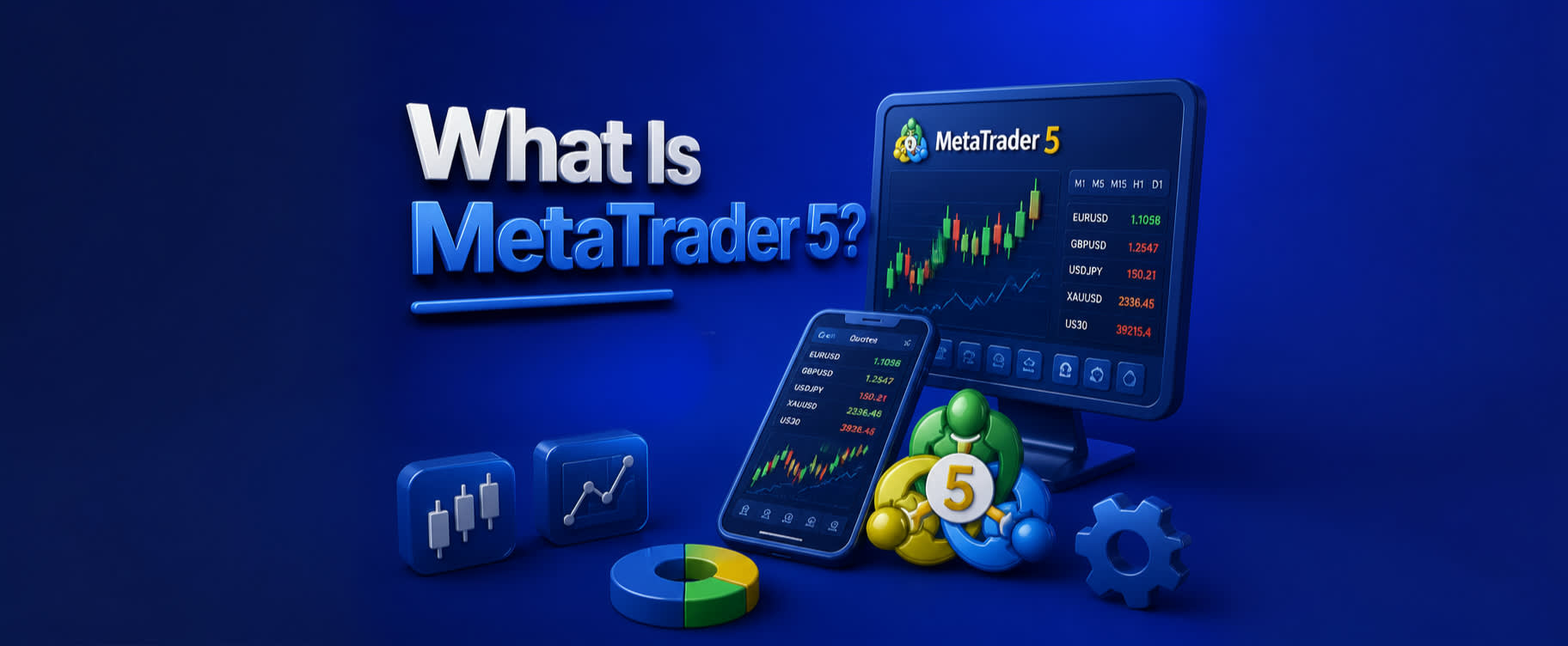 3D-illustration av handelsplattformen MetaTrader 5 (MT5) på dator och mobila 