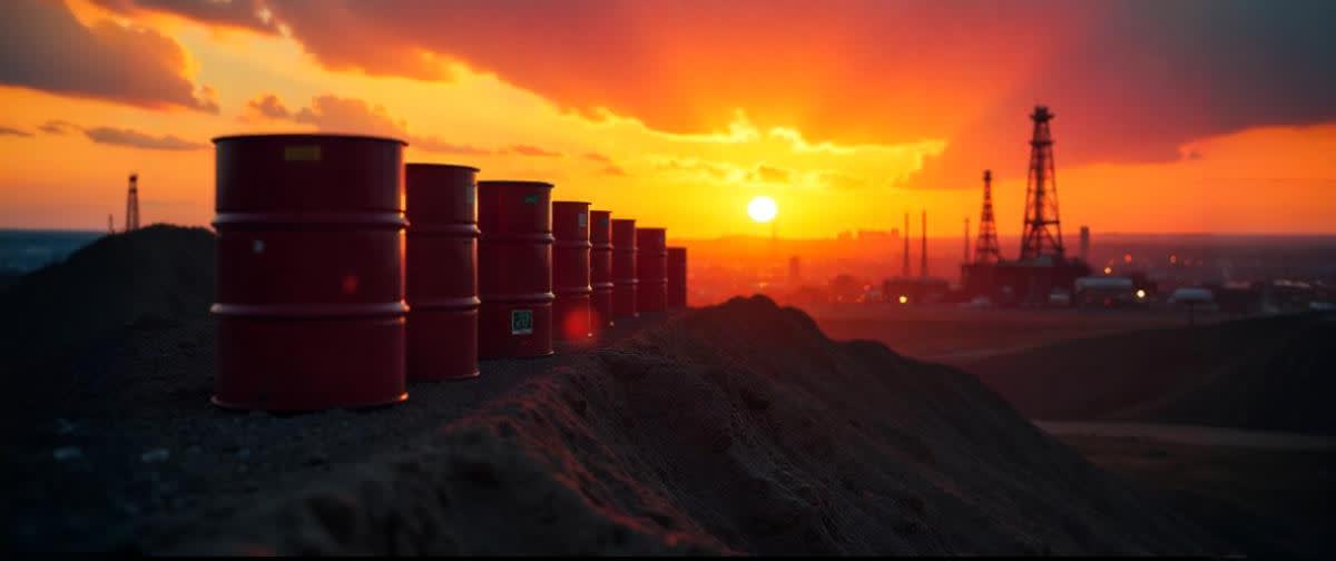 Oil barrels at a steep hill at sunset, and rigs cast long golden shadows.