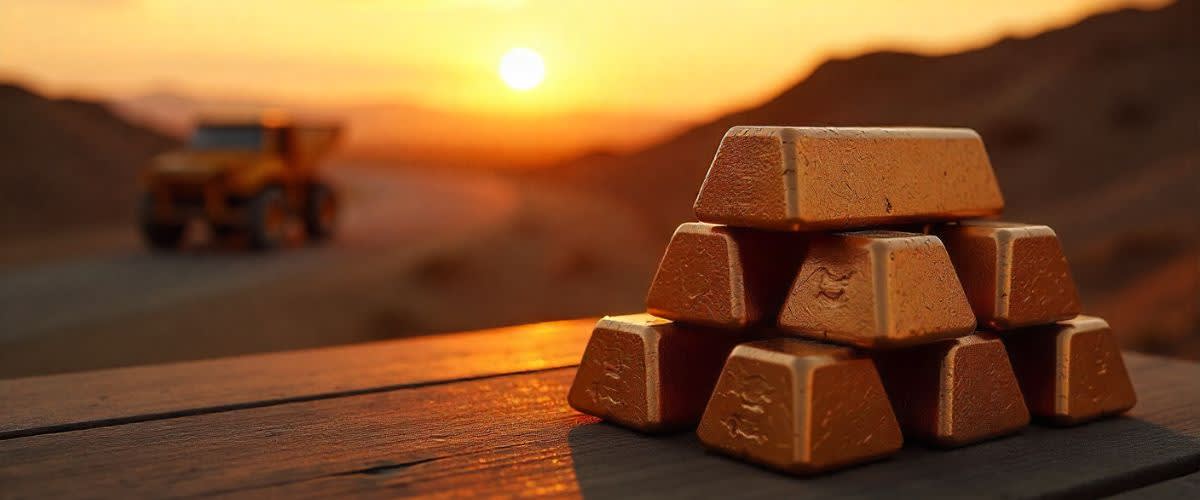 Copper bars with mining trucks in the distance.