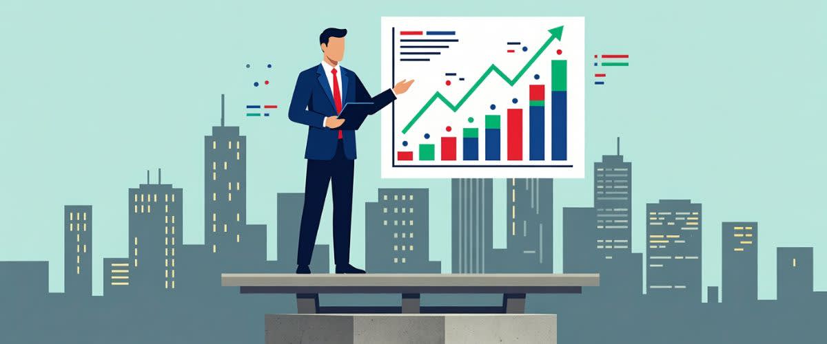 Trader de pie sobre una plataforma de base sólida, ilustración financiera moderna, formas vectoriales limpias
