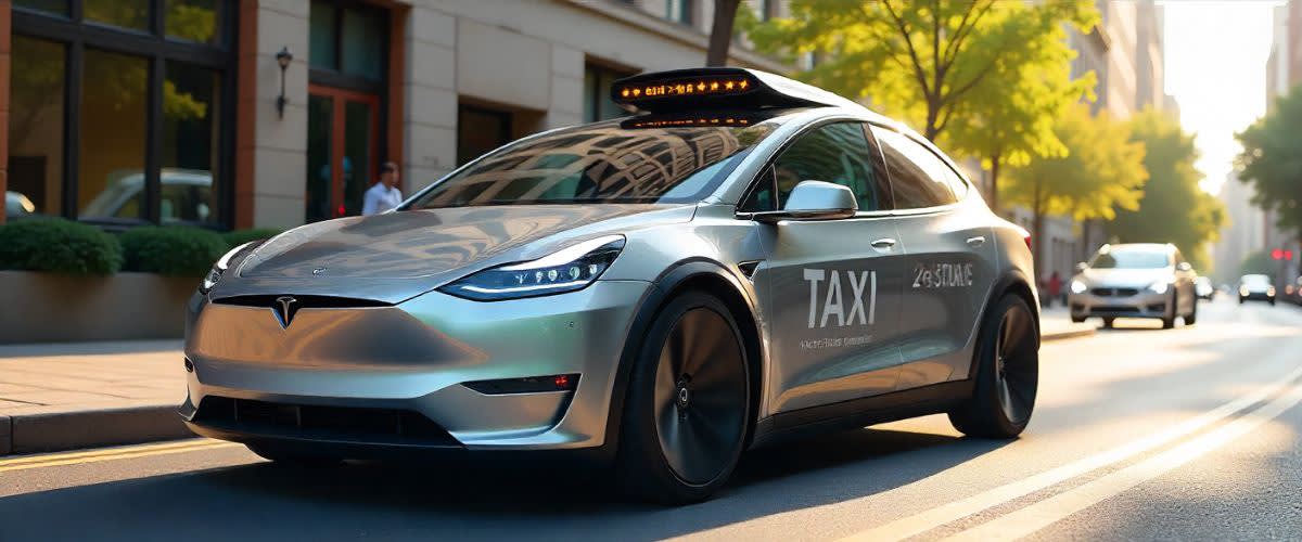 Futuristisk Tesla robotaxi, solfylt bygate, grønt utenfor, subtile trading-grafer, fotorealistisk