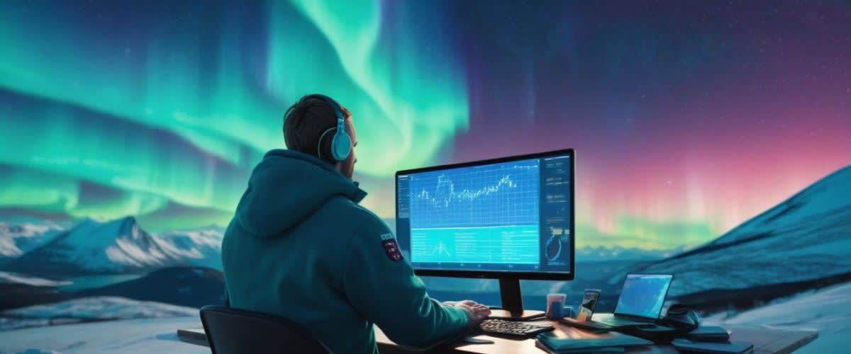 Como baixar o MT4: Um homem sentado em uma mesa em frente à tela de um computador com a aurora boreal ao fundo, aprendendo como baixar o MT4.