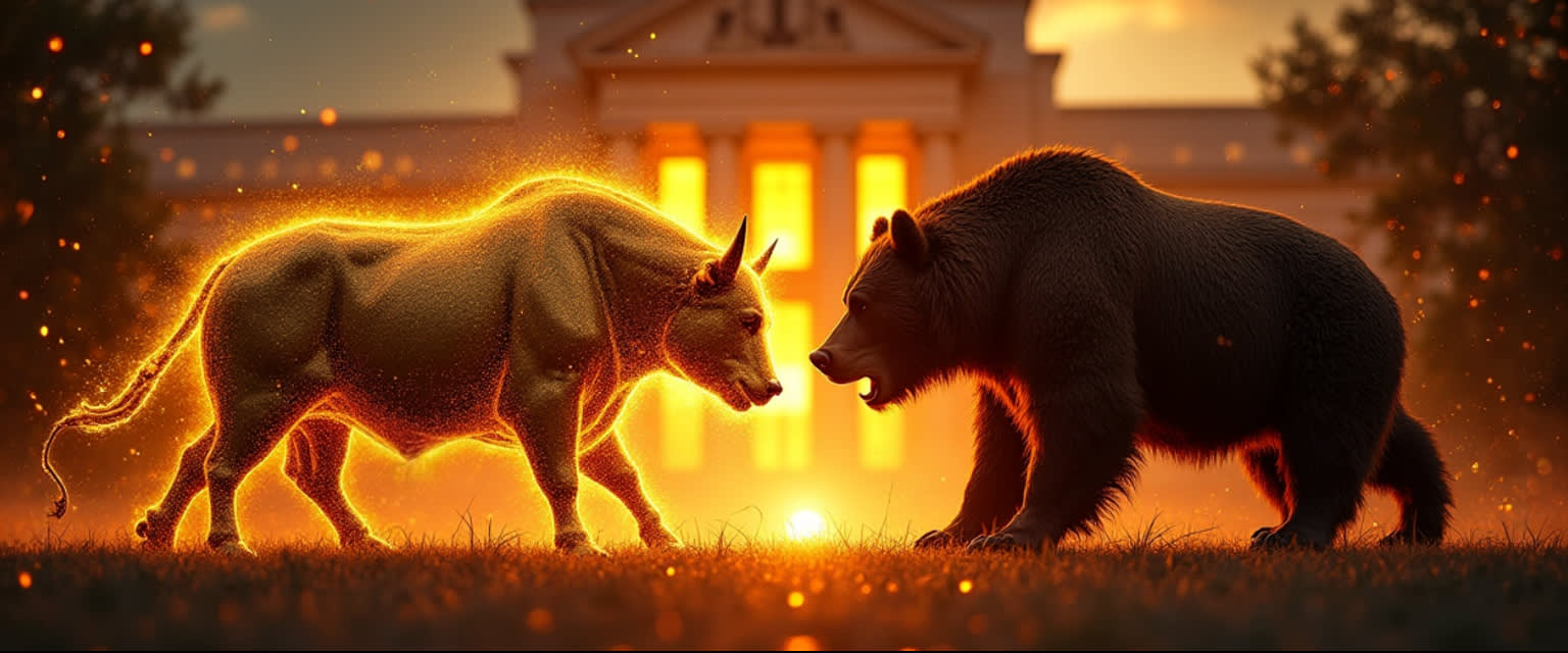 Glowing bull vs metallic bear clash at Fed, neon gold & Bitcoin charts swirl under fiery sunset.