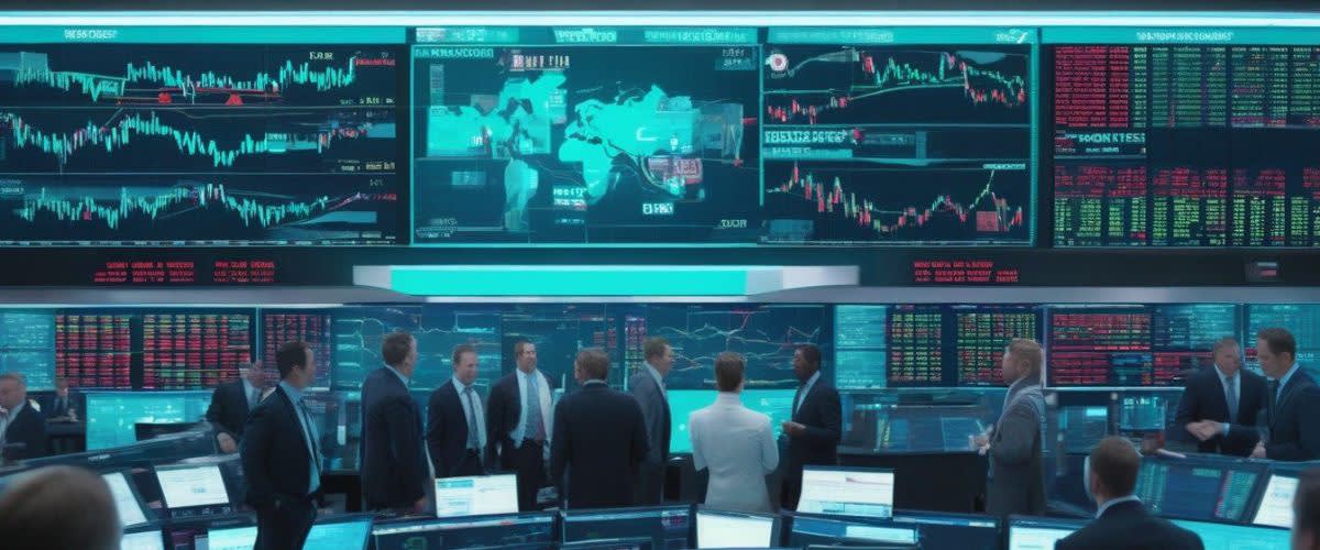 Diversificação: Um grupo de traders profissionais de terno analisando as telas do mercado de ações.