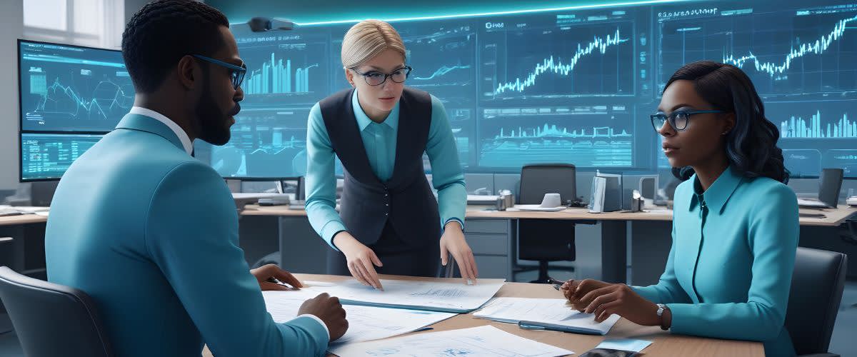 Three business people in suits analyzing income statement graphs on a screen.