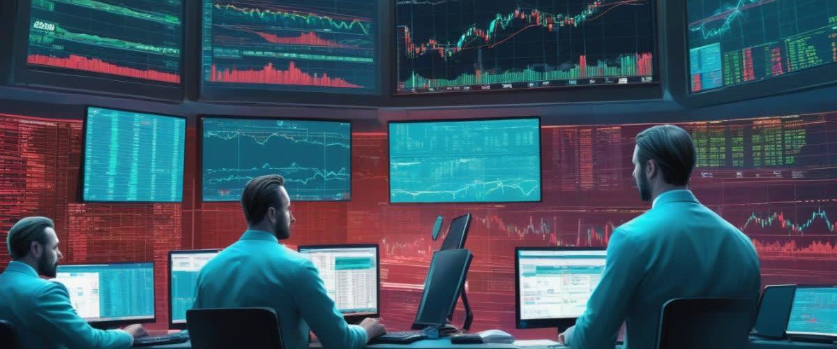 Market definition: Traders sitting in front of a large screen, engaged in market analysis.