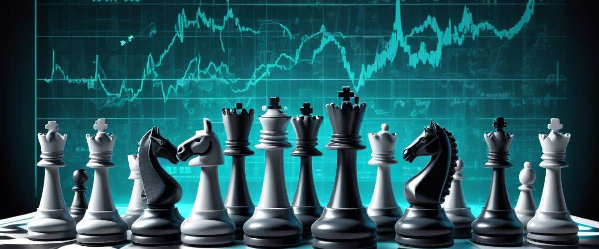 Estrategias de inversión: un tablero de ajedrez con un gráfico del mercado de valores y piezas de ajedrez que representan estrategias de inversión.