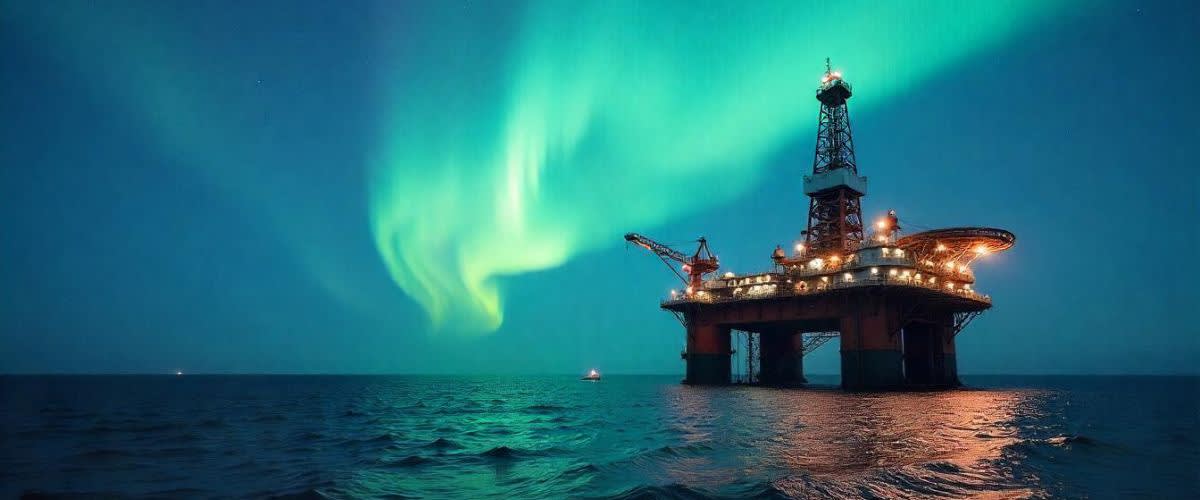 Offshore oljeplattform med norrsken som reflekterar i havet, klar himmel, fridfull scen.
