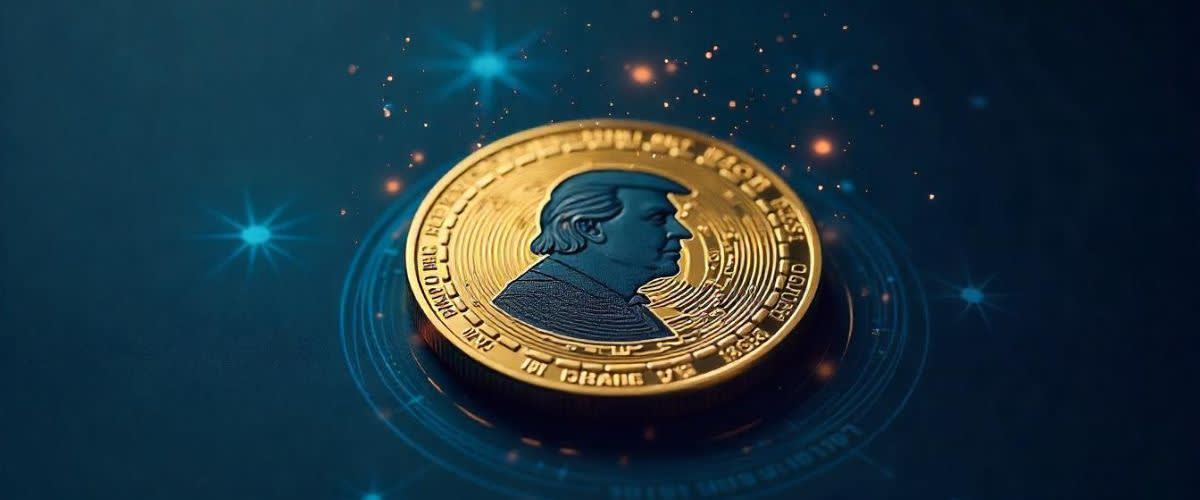 Golden crypto coin with Trump silhouette, hologram-style on dark blue blockchain-themed background.