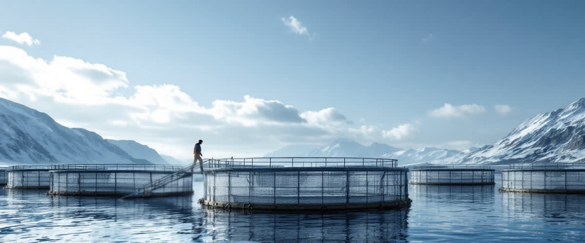 Norway salmon farms, round sea cages, a farmer in a wetsuit, the Nordic coast, calm sunny waters