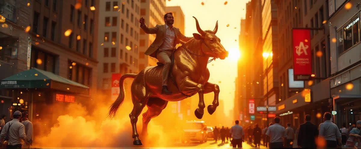 SPX-tjur rider raket över Wall Street, traders jublar, konfetti i luften, solnedgång
