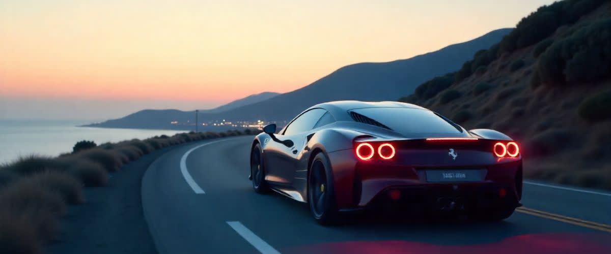 Modern Ferrari på kustväg, klassisk modell i bakgrunden – arv och tillväxt i fokus.