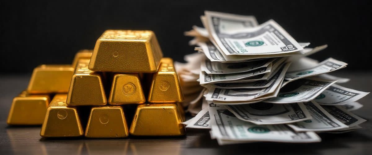 Split scene: gold vs USD, showing market correlation in action.