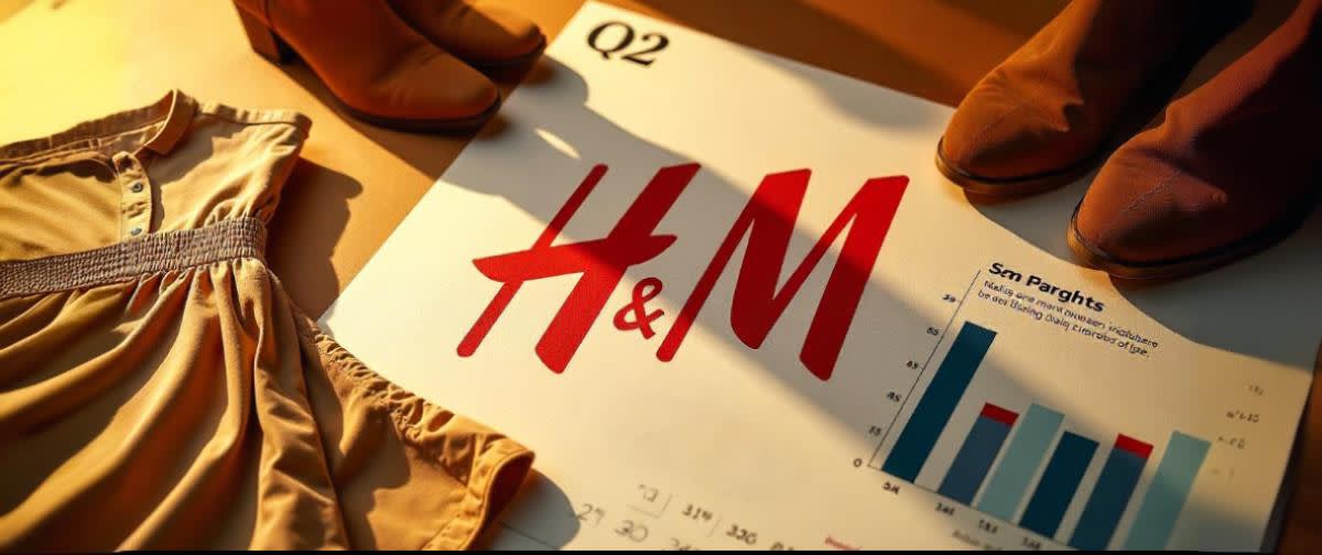 H&M logo with Q2 calendar, fashion items, margin graph, and cautious investor silhouettes.