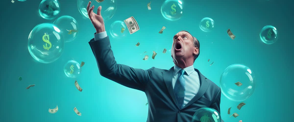 Especulação vs investimento: Investidor empresário ganancioso soprando bolhas com cifrão.