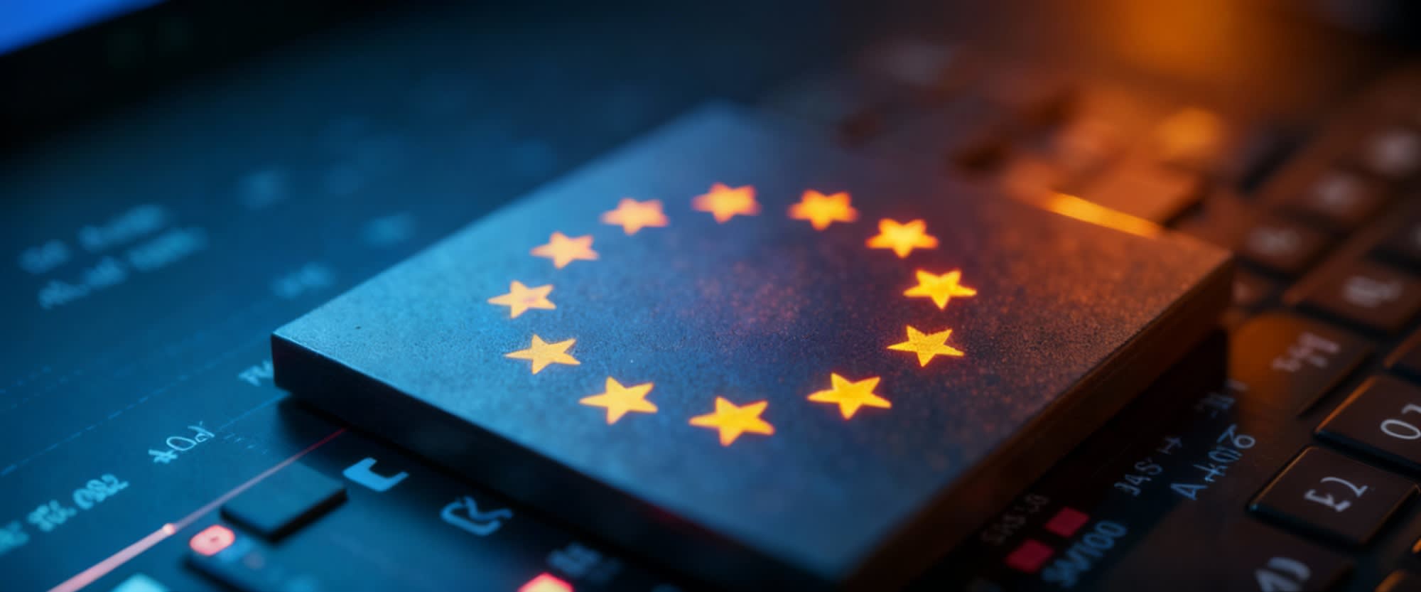EU-stjärnor på kiselplatta; EU Chips Act-överlägg.