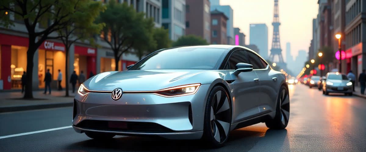 Futuristic VW EV on a city street, glowing lights, in Paris.