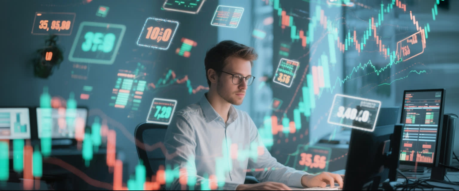 En modern skandinavisk trader är omgiven av flytande aktiekurser och glödande tradingdiagram.