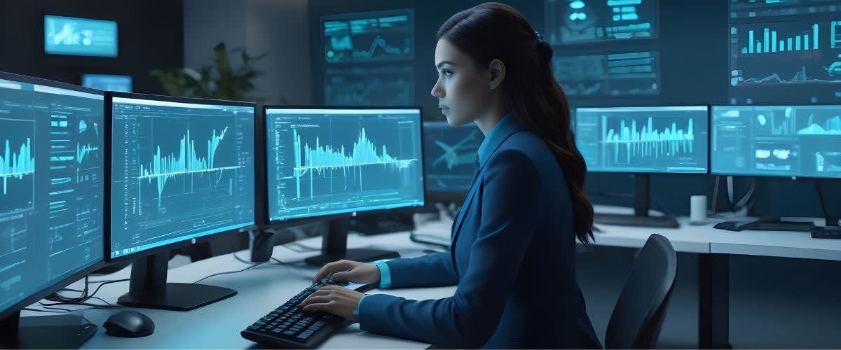 Hedge funds: Professional woman in business attire using a computer.