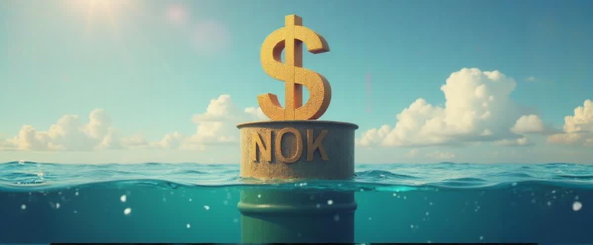 NOK-symbolen delvis täckt av ett oljefat och ett dollartecken, med solig bakgrund.
