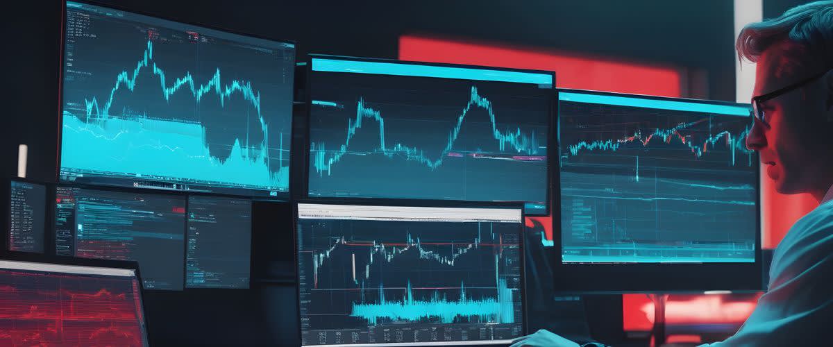 Brechas en el trading: un man en un escritorio con varios monitors, mostrando brechas en el trading.