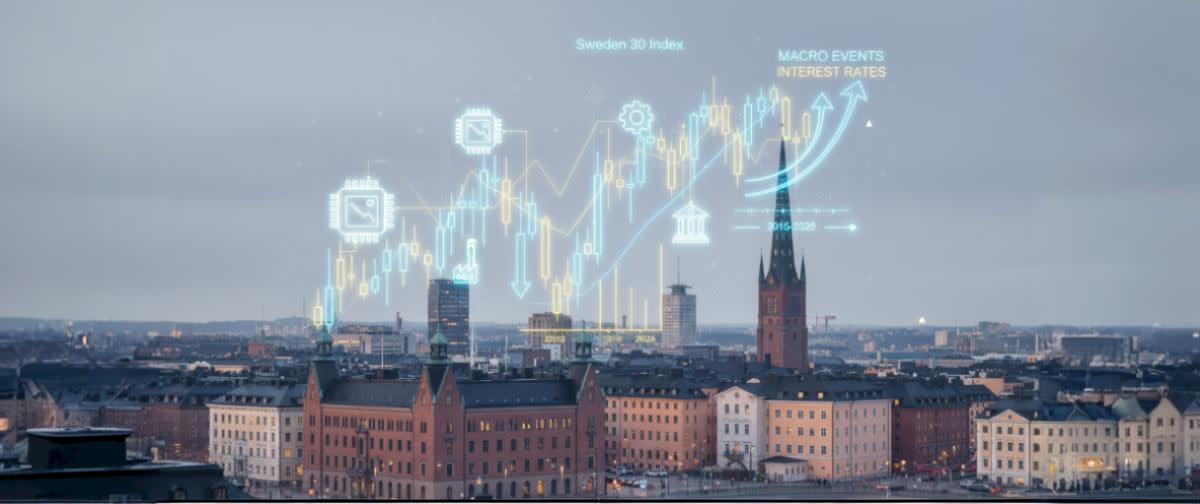 Sweden 30-index, Stockholms silhuett, Nasdaq, tech & bank-ikoner, neon-diagram, 2015–2025-trender