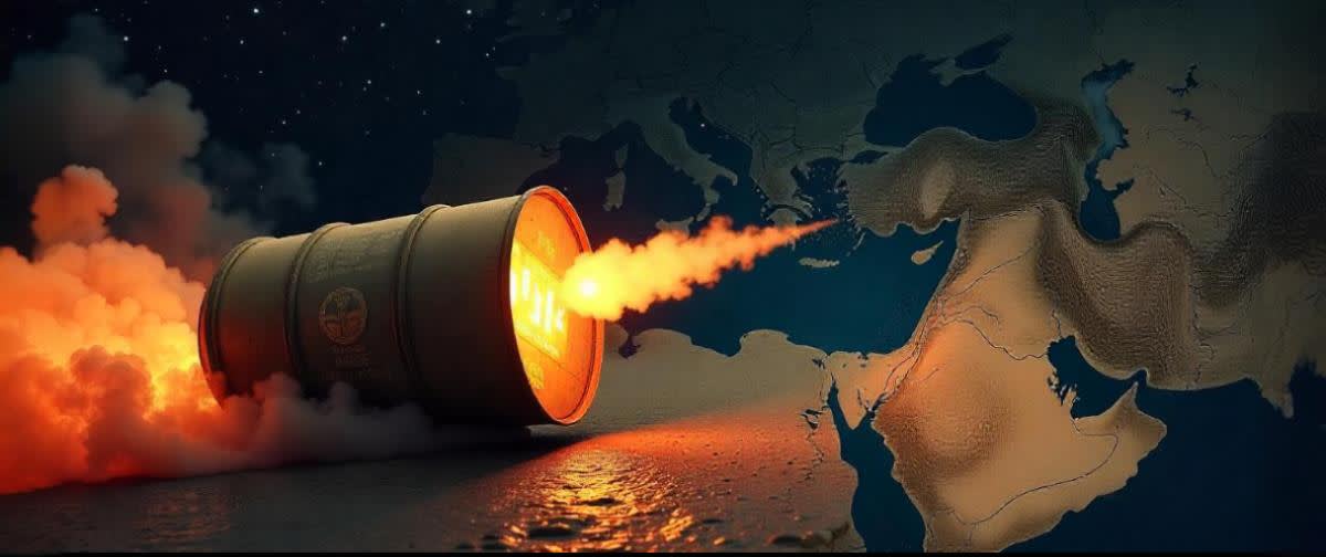 A smoking barrel symbolizes the oil price impact from U.S. actions in Iran and geopolitical tensions.