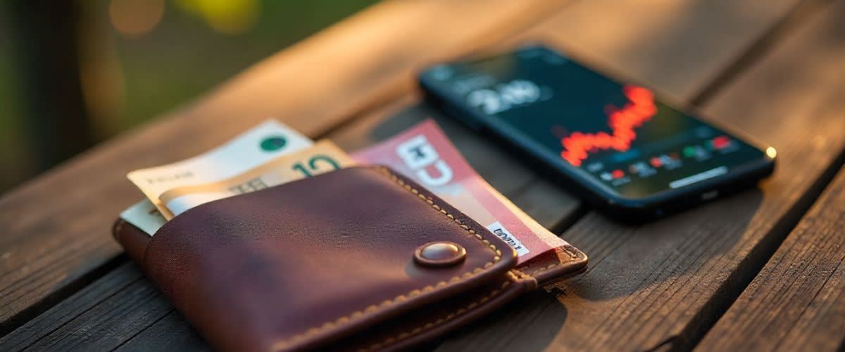 Nordisk plånbok med SEK och NOK, valutagrafer på mobil, i mjukt skandinaviskt kvällsljus.