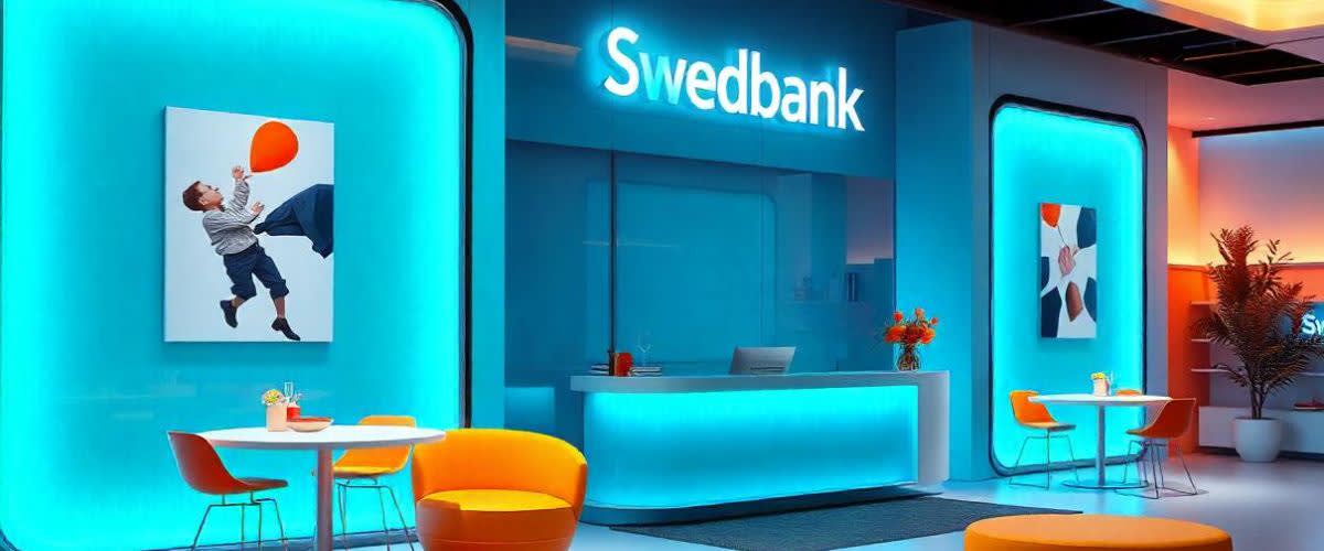 Cổ tức cổ phiếu Swedbank năm 2024: Sảnh và tác phẩm nghệ thuật sống động tạo cảm giác chào đón.