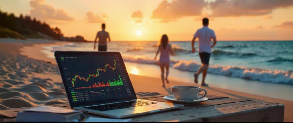 Bright Nordic landscape with sun, beach, laptops, stock charts sunset.