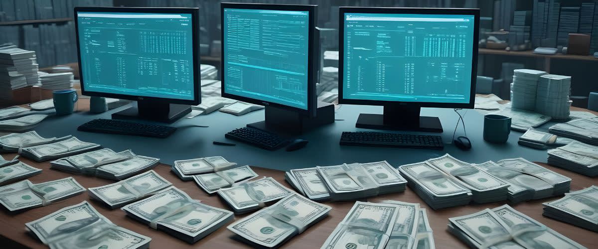 Prix ​​d'émission : Un bureau avec des écrans d'ordinateur de trading et des piles d'argent.