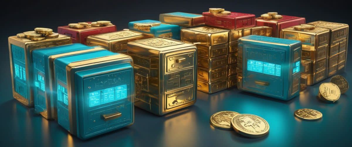 Safe investments: image representation with safe boxes holding assets such as gold