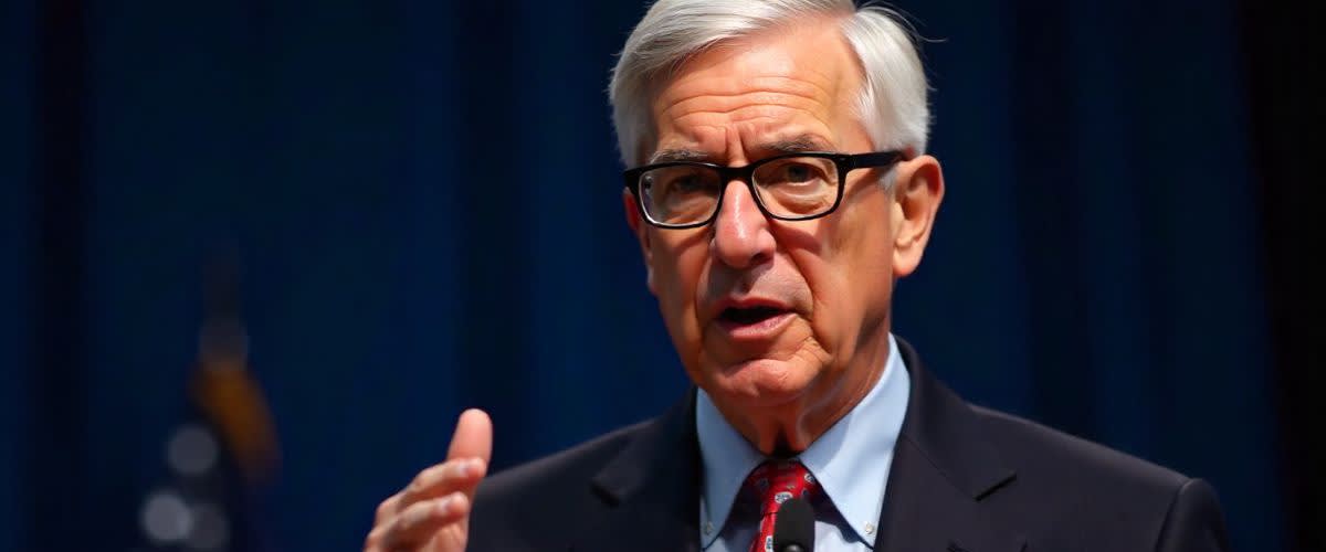 Jerome Powell håller tal, grått hår, svarta glasögon, blå bakgrund med del av USA-flagga.