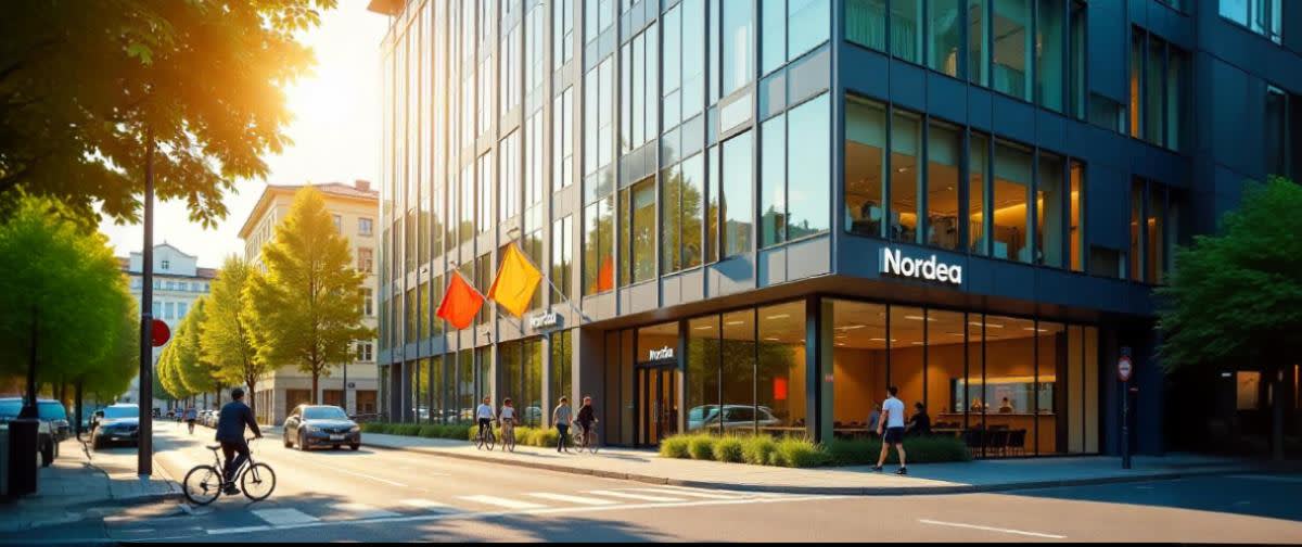 Nordea HQ, glass facade, sunny day, cyclists passing by.
