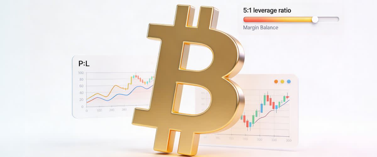 Grande símbolo do Bitcoin, rácio de alavancagem 5:1 ampliado, barra de margem, gráfico de P&L ampliado
